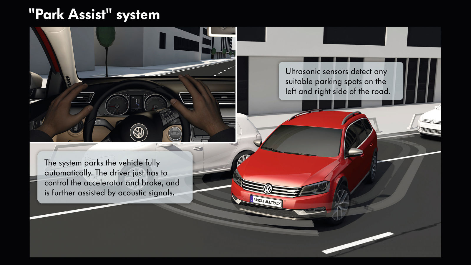 The systems parks the vehicle fully automatically. The driver just has to control the accelerator and brake, and is further assisted by acoustic signals. Ultrasonic sensors detect any suitable parking spots on the left and right side of the road.