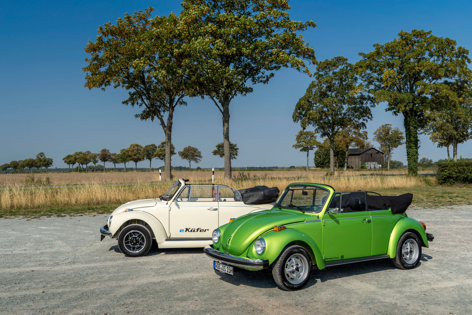 Der e-Käfer und ein grüner Käfer mit Boxermotor